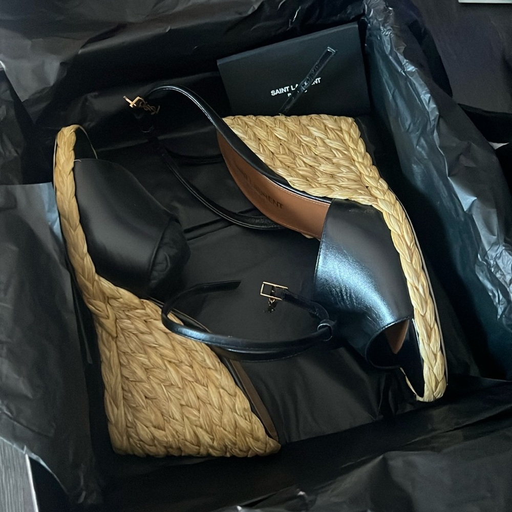 Saint Laurent Black Leather Espadrille Wedge Sandals with Natural Jute Sole